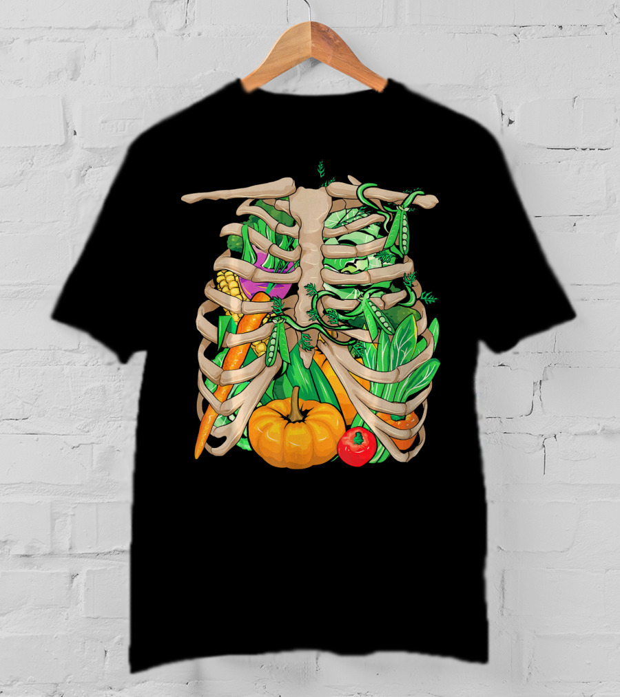 Cool Vegetable Skeleton Halloween Costume Vegetables Ribs Pumpkin Peas Corn Carrot T-Shirt