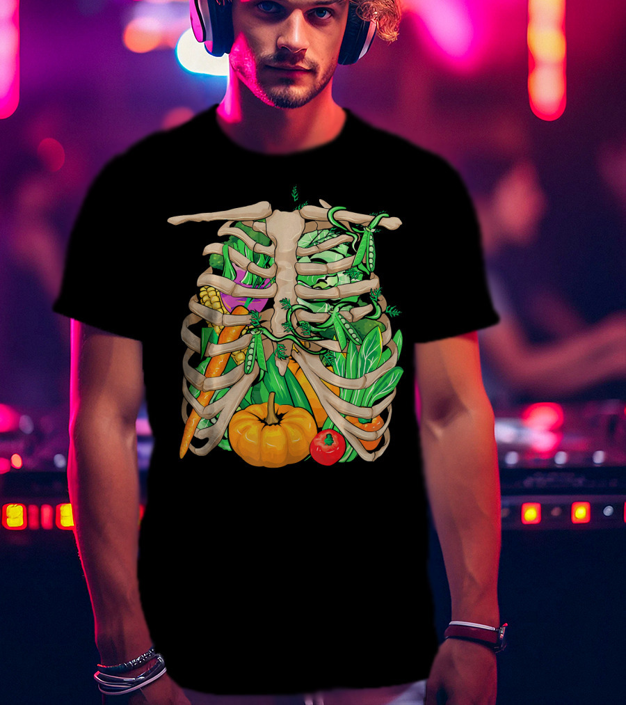 Cool Vegetable Skeleton Halloween Costume Vegetables Ribs Pumpkin Peas Corn Carrot T-Shirt