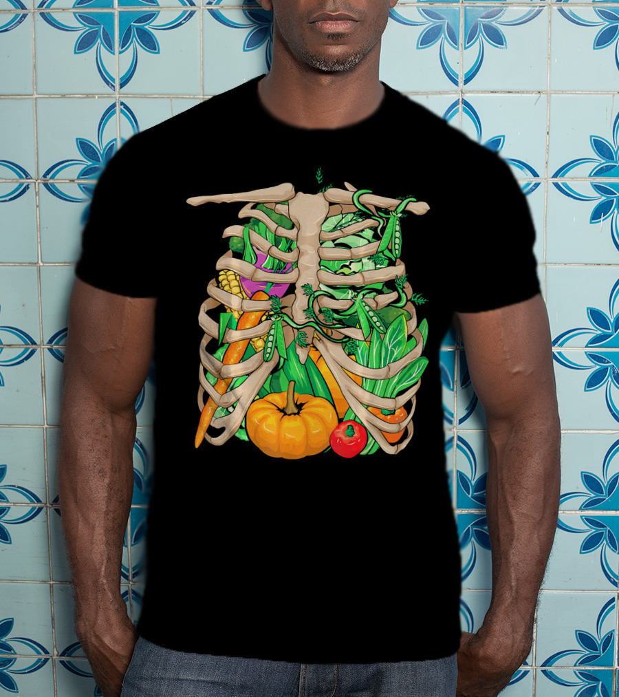 Cool Vegetable Skeleton Halloween Costume Vegetables Ribs Pumpkin Peas Corn Carrot T-Shirt