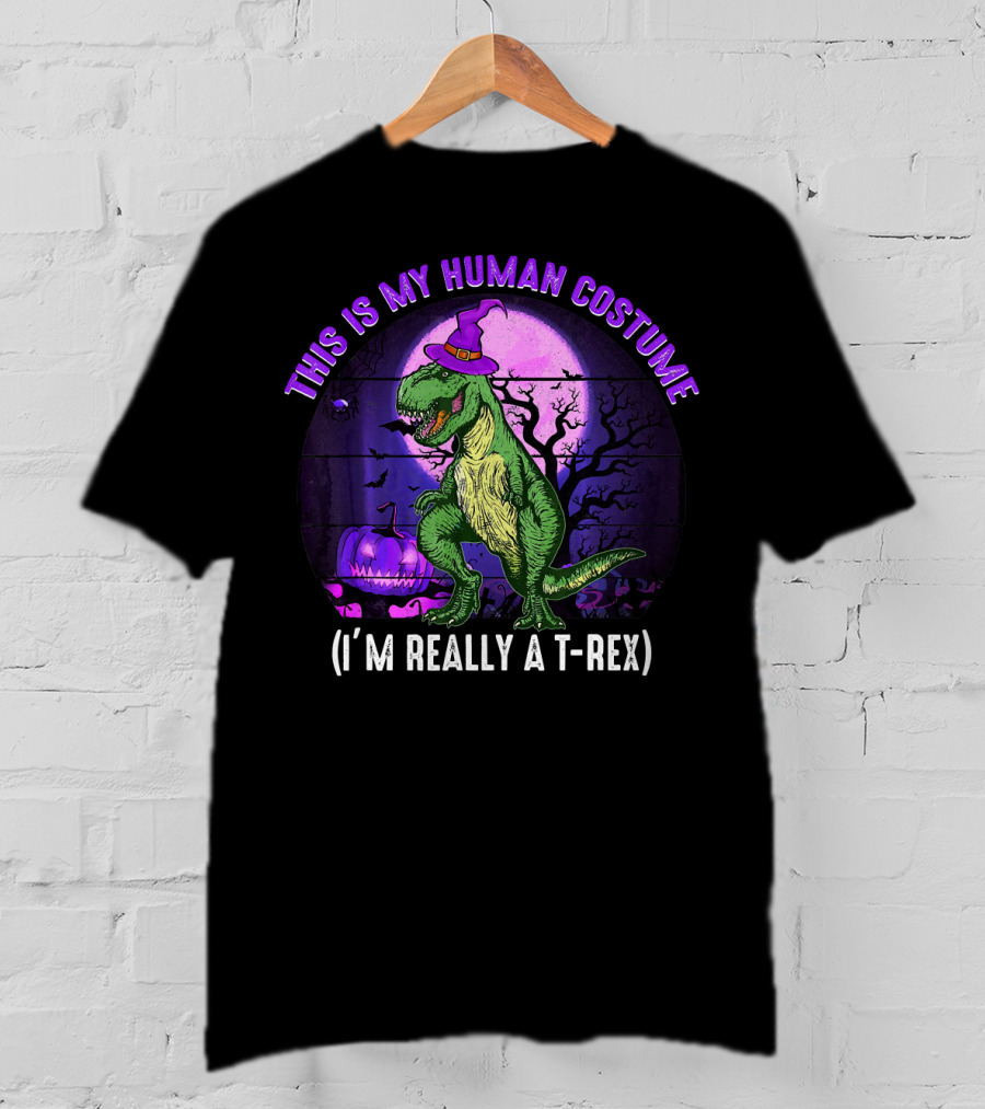 This Is My Human Costume I'm Really A T-Rex Funny Dinosaur Halloween Moon Wizard Hat T-Shirt