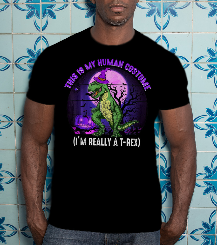 This Is My Human Costume I'm Really A T-Rex Funny Dinosaur Halloween Moon Wizard Hat T-Shirt