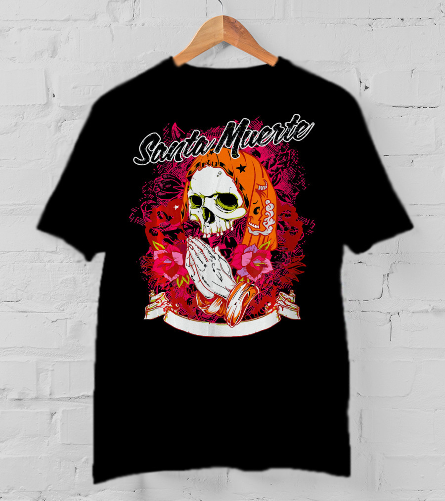 Santa Muerte Mexican Day Of The Dead Praying Skull With Flowers T-Shirt