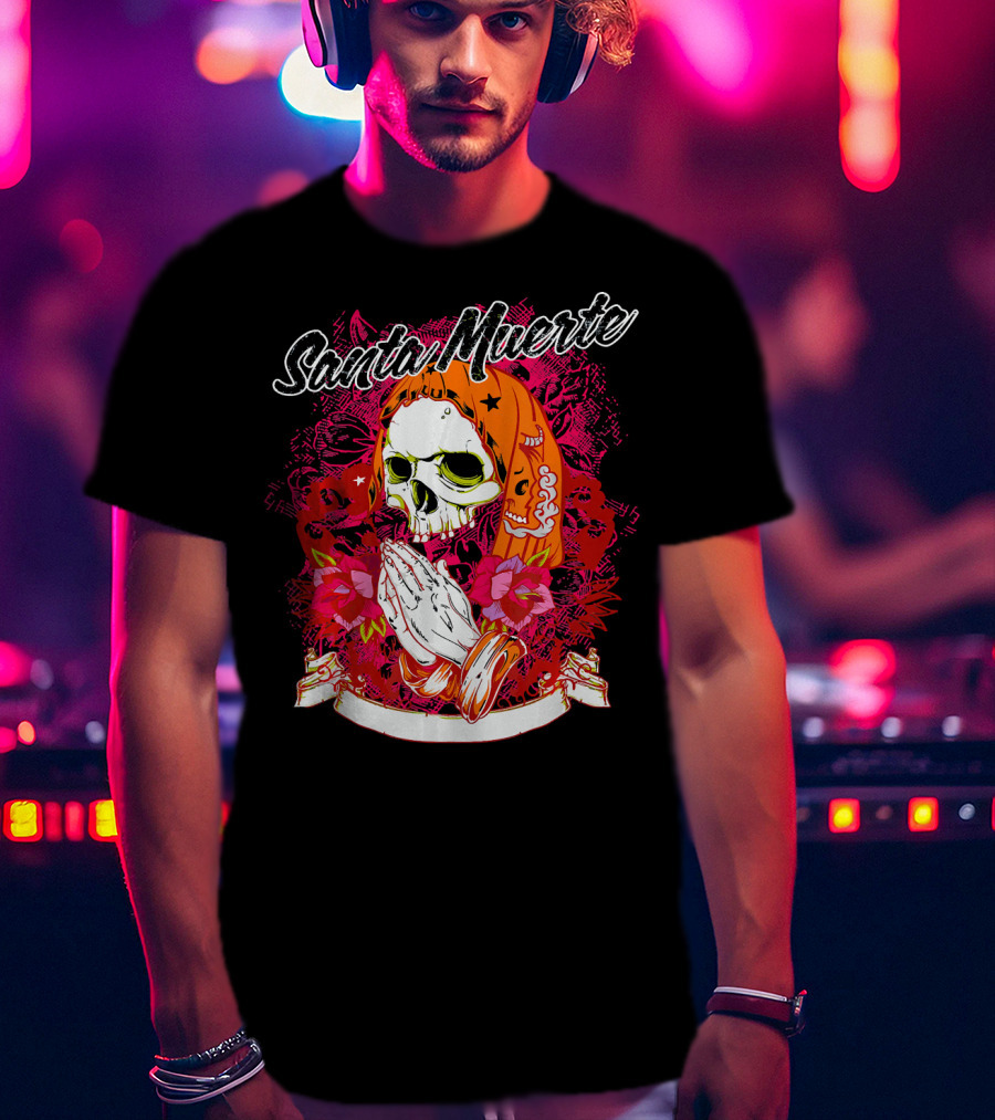 Santa Muerte Mexican Day Of The Dead Praying Skull With Flowers T-Shirt