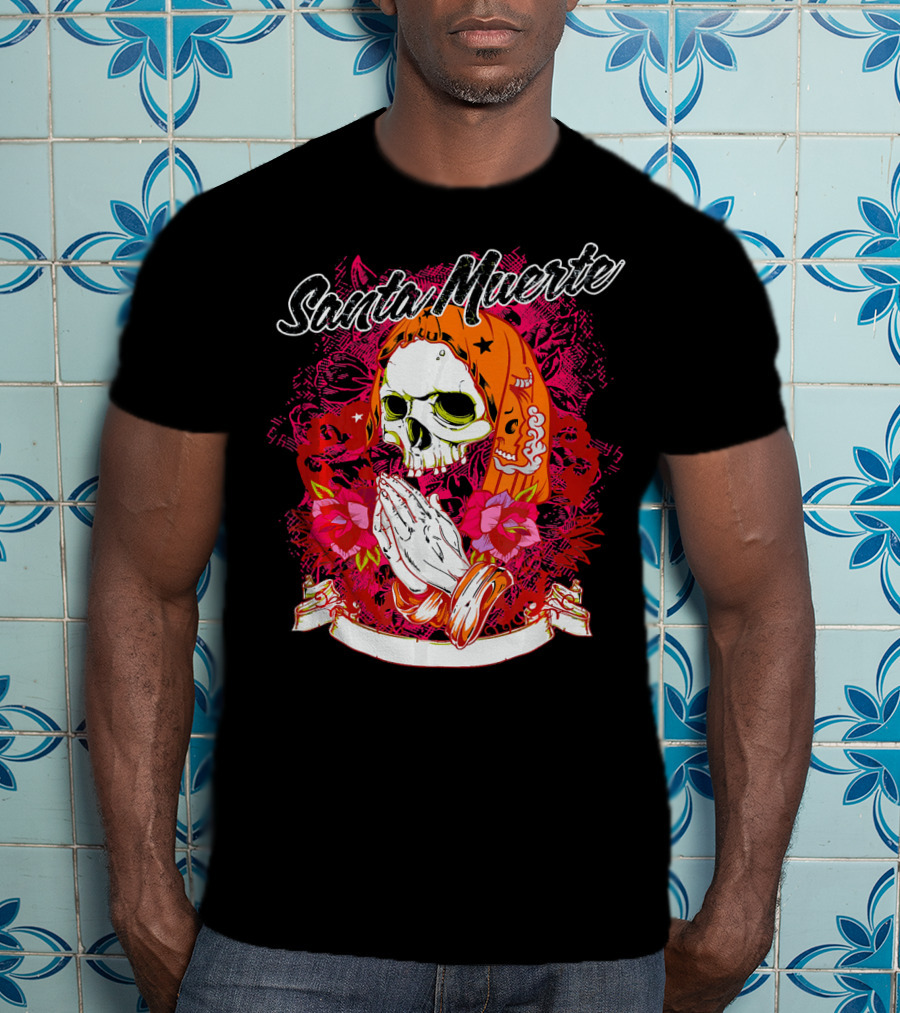 Santa Muerte Mexican Day Of The Dead Praying Skull With Flowers T-Shirt