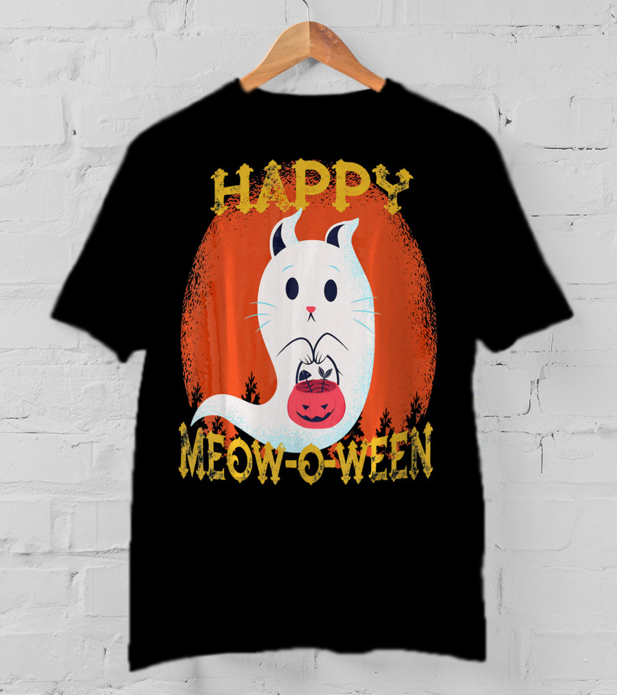 Happy Meow O Ween Cat Ghost With Pumpkin Bag T-Shirt