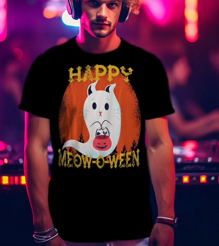 Happy Meow O Ween Cat Ghost With Pumpkin Bag T-Shirt
