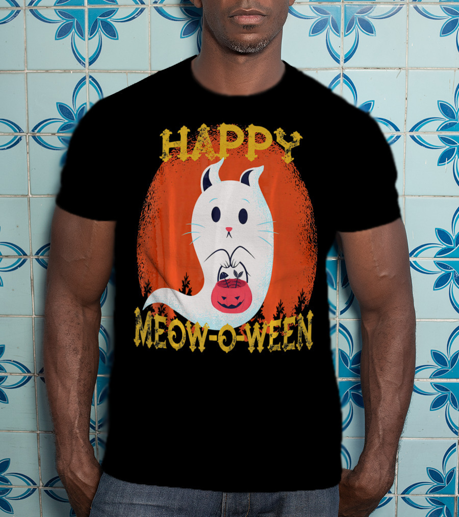 Happy Meow O Ween Cat Ghost With Pumpkin Bag T-Shirt