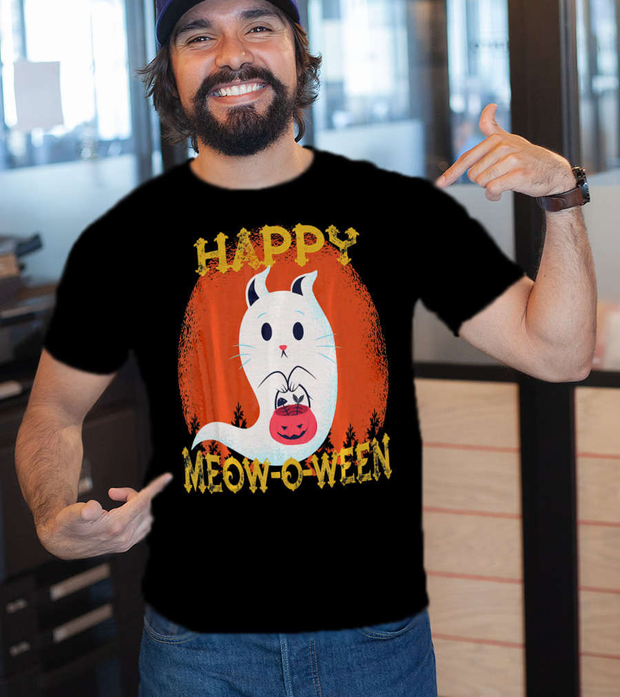 Happy Meow O Ween Cat Ghost With Pumpkin Bag T-Shirt
