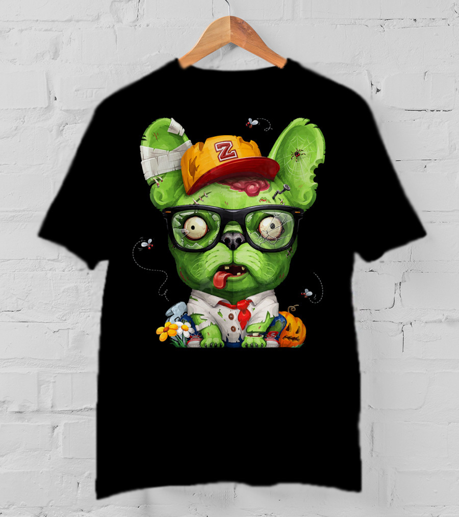 French Bulldog Wearing Zombie Glasses Halloween Hat T-Shirt