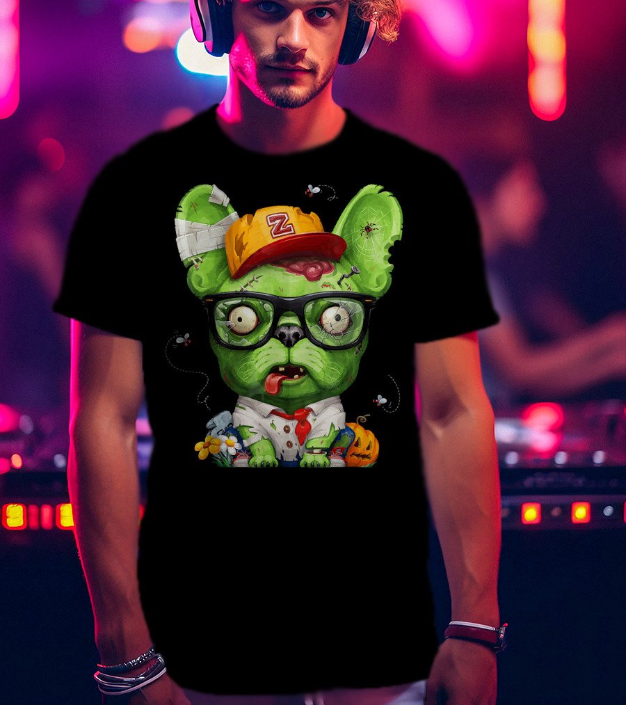 French Bulldog Wearing Zombie Glasses Halloween Hat T-Shirt
