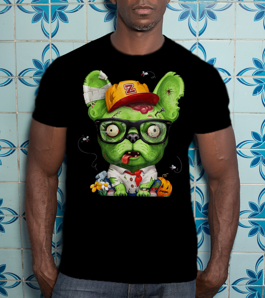 French Bulldog Wearing Zombie Glasses Halloween Hat T-Shirt
