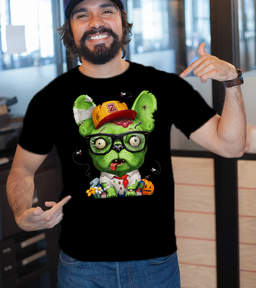 French Bulldog Wearing Zombie Glasses Halloween Hat T-Shirt