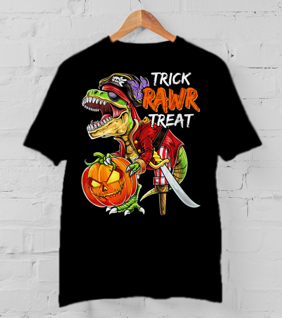 Trick Rawr Treat Pirate Dinosaur Halloween Pumpkin Jack T-Shirt