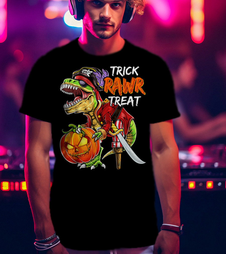 Trick Rawr Treat Pirate Dinosaur Halloween Pumpkin Jack T-Shirt