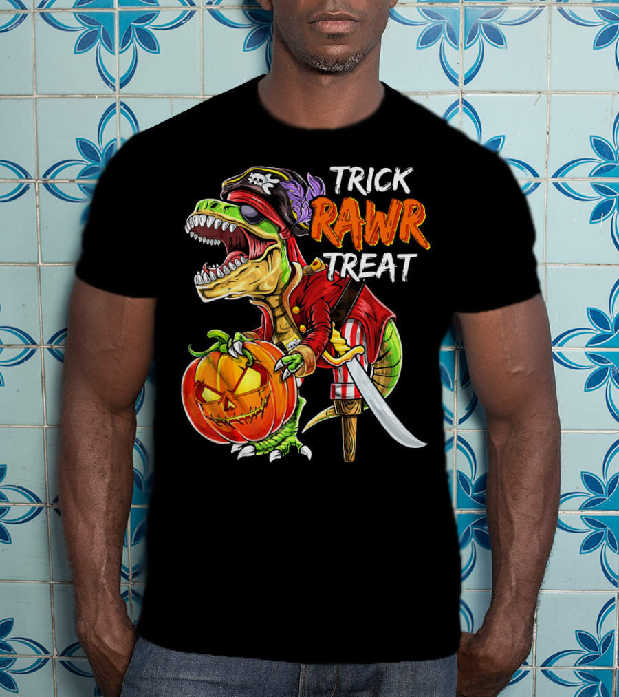 Trick Rawr Treat Pirate Dinosaur Halloween Pumpkin Jack T-Shirt