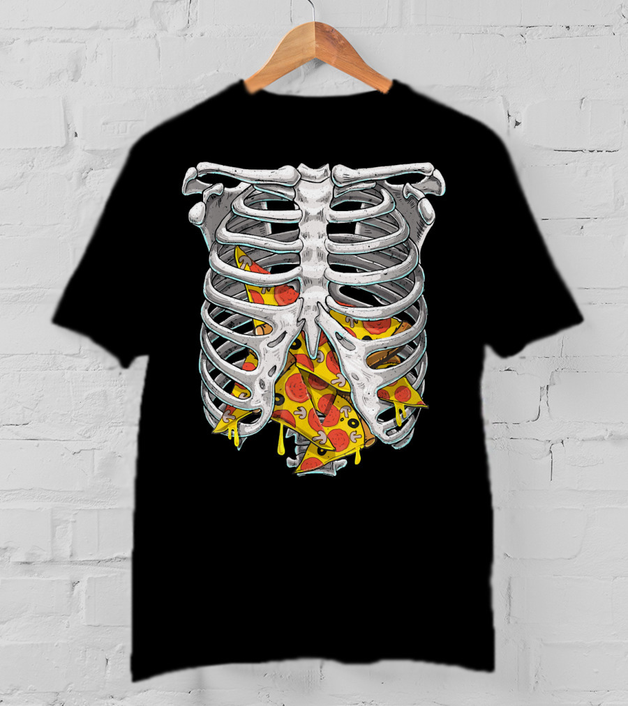 Skeleton Rib Cage Halloween Pizza Slices Inside T-Shirt
