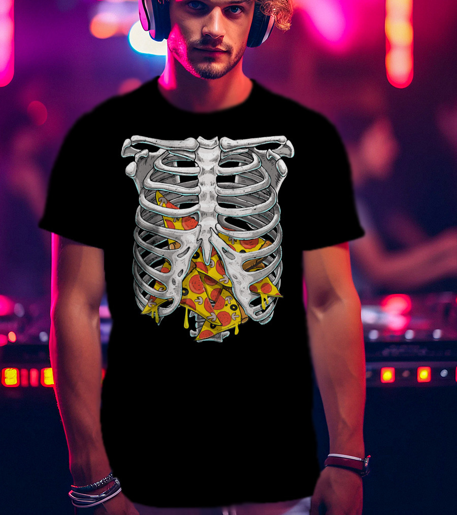 Skeleton Rib Cage Halloween Pizza Slices Inside T-Shirt