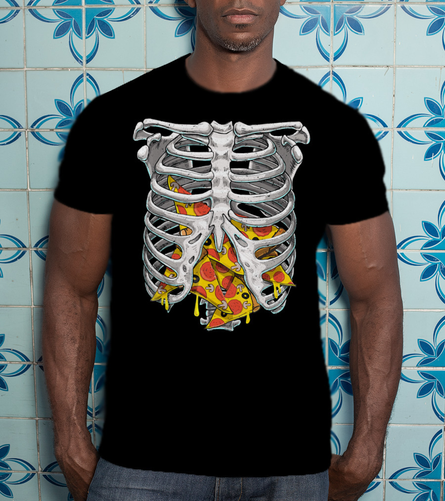 Skeleton Rib Cage Halloween Pizza Slices Inside T-Shirt