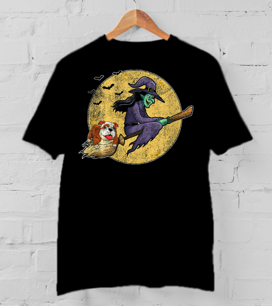 Halloween Witch Bulldog Dog Lovers Flying Grunge Full Moon Scene T-Shirt
