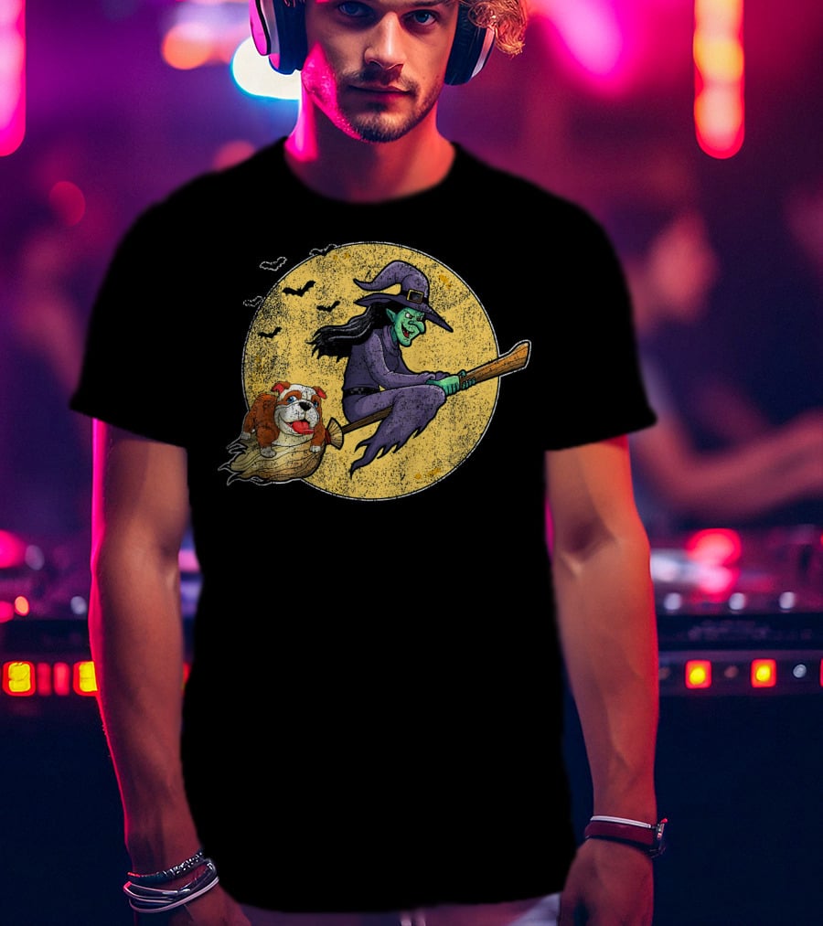 Halloween Witch Bulldog Dog Lovers Flying Grunge Full Moon Scene T-Shirt