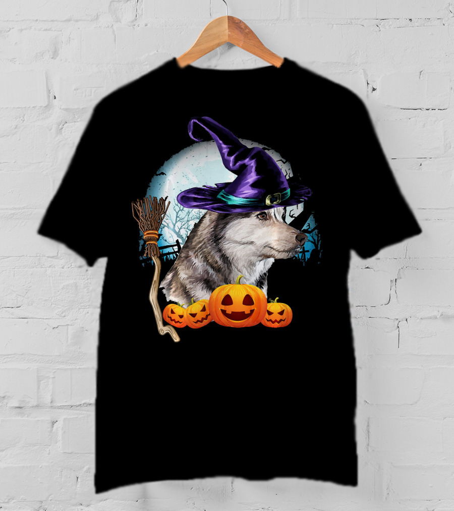 Husky In Witch Hat With Pumpkins And Broom Halloween Scene T-Shirt