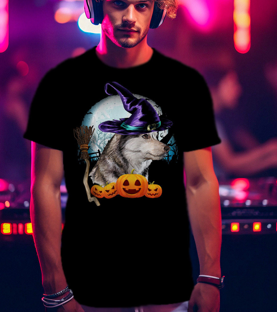 Husky In Witch Hat With Pumpkins And Broom Halloween Scene T-Shirt