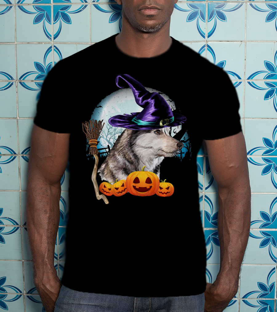 Husky In Witch Hat With Pumpkins And Broom Halloween Scene T-Shirt