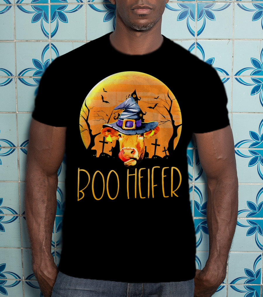 Boo Heifer Halloween Cow In Witch Hat With Graveyard And Bats T-Shirt