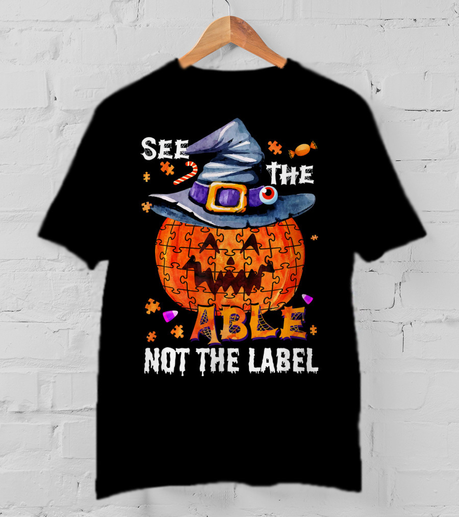 See The Able Not The Label Autism Awareness Halloween Pumpkin Puzzle Hat T-Shirt