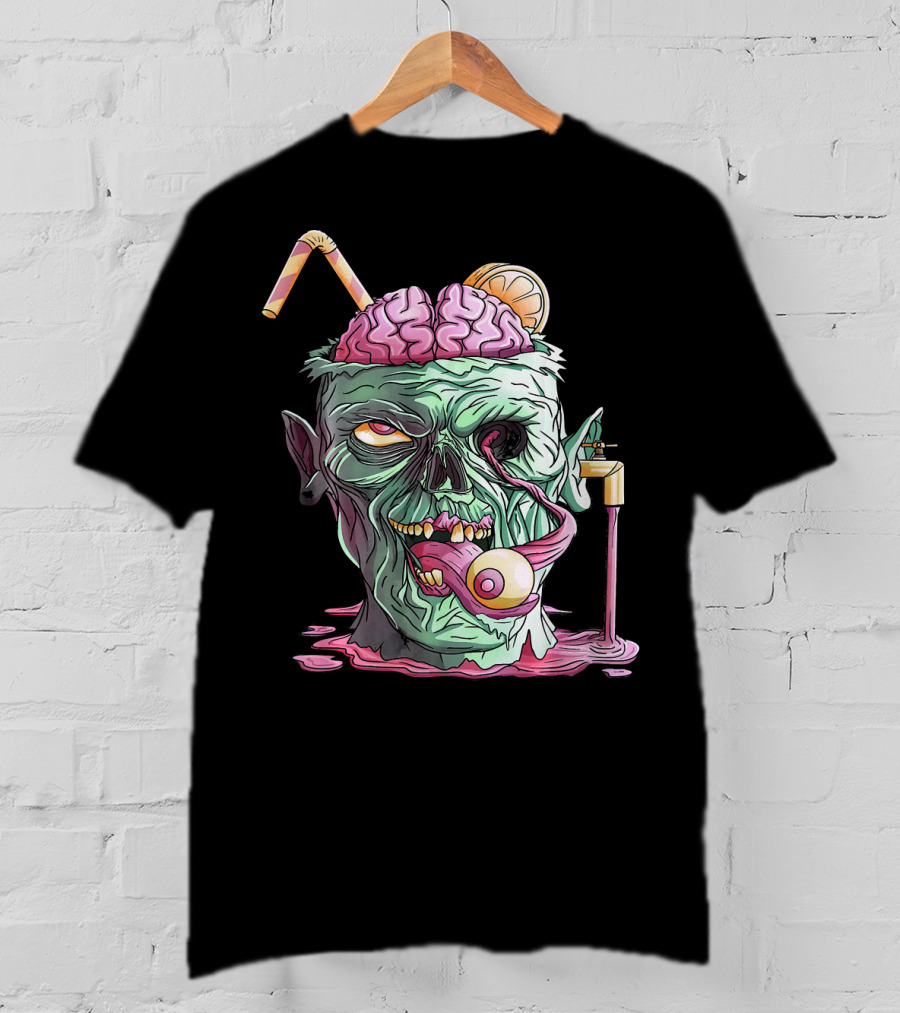 Zombie Face Brain Halloween Zombies Straw Brain Drink Eyeball Tongue T-Shirt