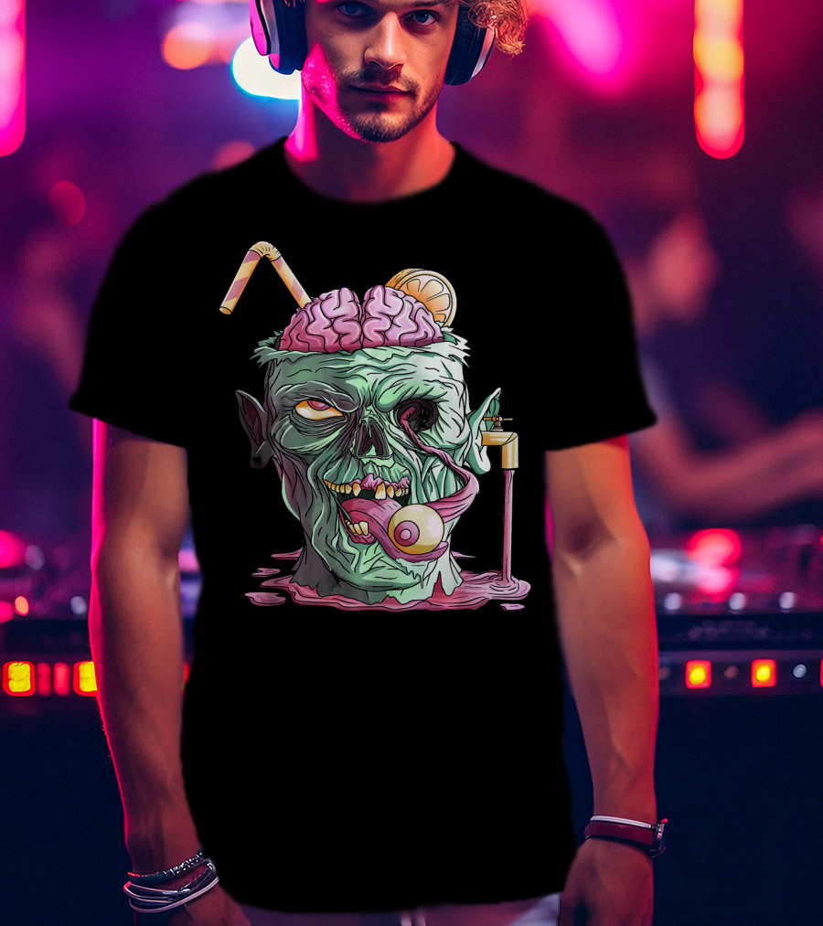 Zombie Face Brain Halloween Zombies Straw Brain Drink Eyeball Tongue T-Shirt