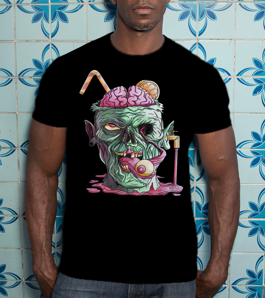 Zombie Face Brain Halloween Zombies Straw Brain Drink Eyeball Tongue T-Shirt