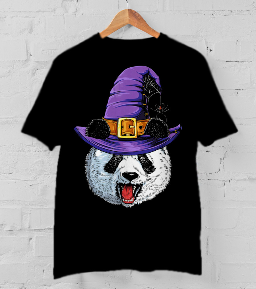 Panda Wearing Witch Hat With Spider Halloween T-Shirt