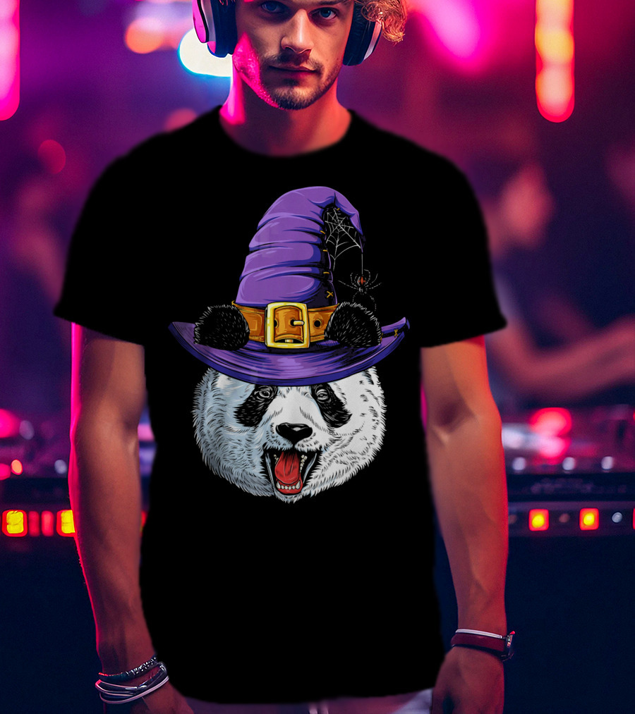 Panda Wearing Witch Hat With Spider Halloween T-Shirt