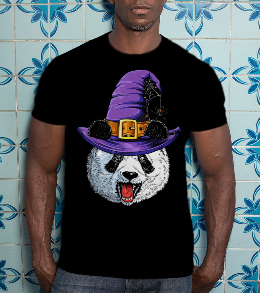 Panda Wearing Witch Hat With Spider Halloween T-Shirt