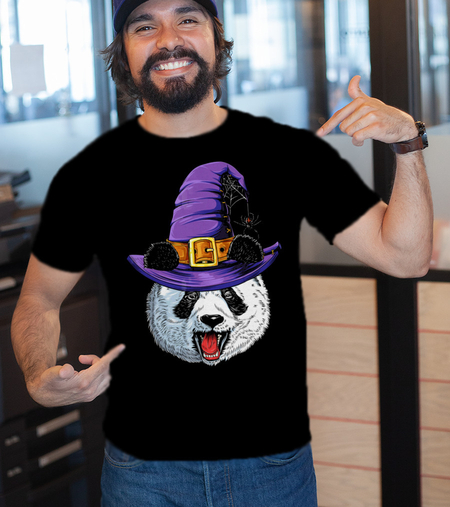 Panda Wearing Witch Hat With Spider Halloween T-Shirt