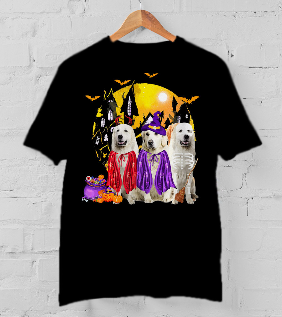 Great Pyrenees Dog Family Of Three Halloween Costumes Moonlit Night T-Shirt