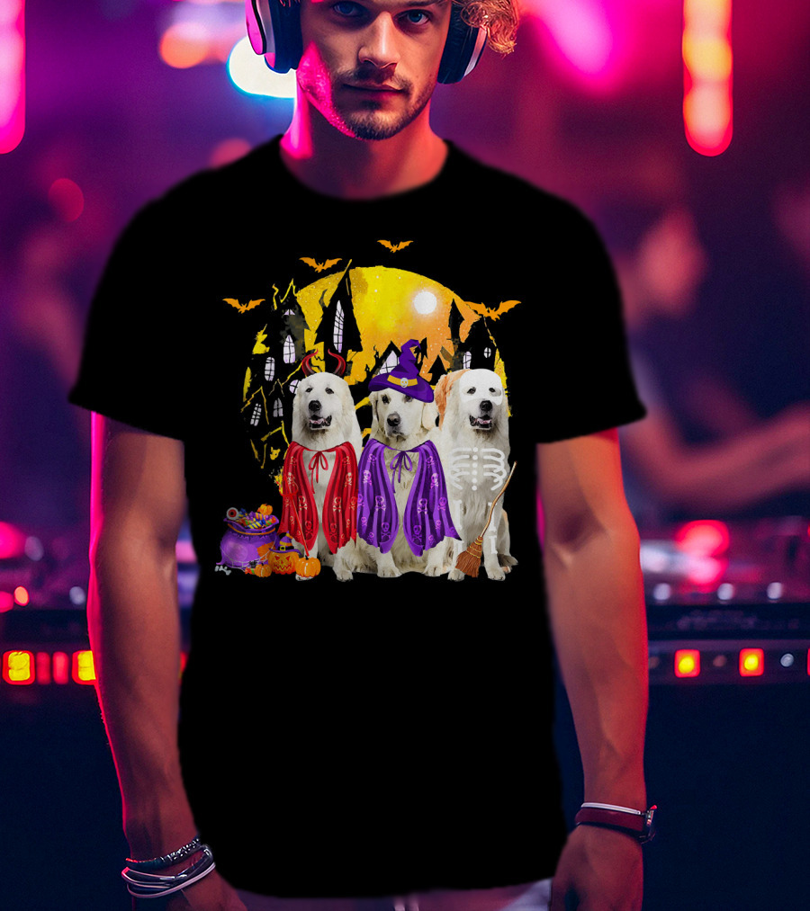 Great Pyrenees Dog Family Of Three Halloween Costumes Moonlit Night T-Shirt