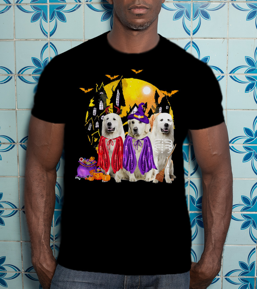 Great Pyrenees Dog Family Of Three Halloween Costumes Moonlit Night T-Shirt