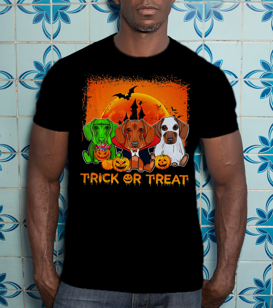 Halloween Dachshund Trio Trick Or Treat With Pumpkins And Moon Background T-Shirt