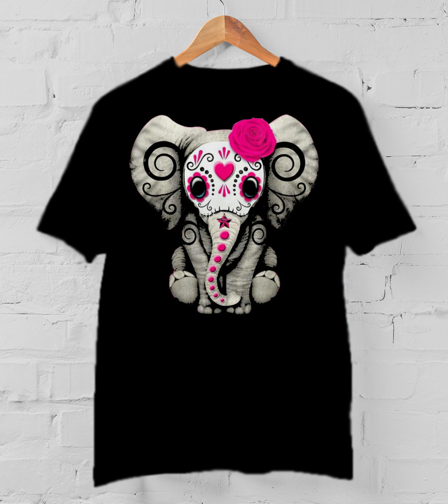 Dead Sugar Skull Elephant Pink Flower T-Shirt