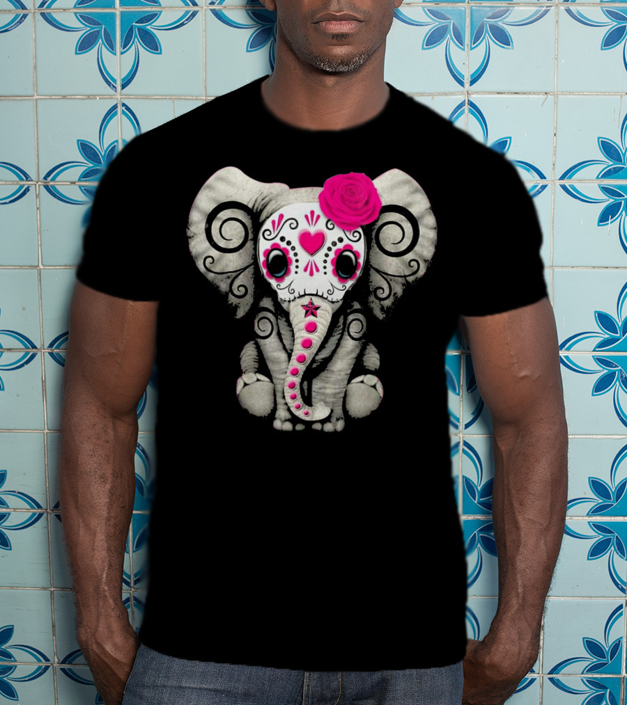 Dead Sugar Skull Elephant Pink Flower T-Shirt