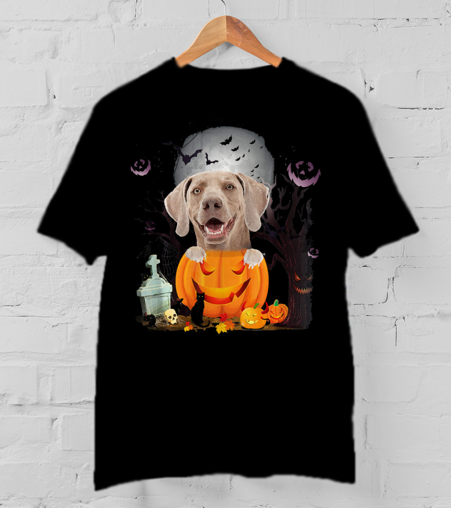 Weimaraner Dog In Halloween Pumpkin With Bats And Black Cat T-Shirt