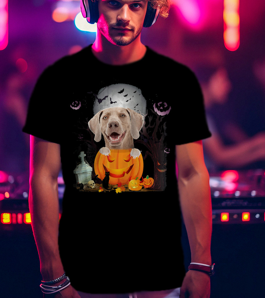 Weimaraner Dog In Halloween Pumpkin With Bats And Black Cat T-Shirt