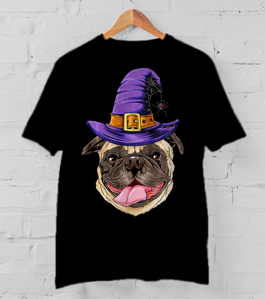 Pug With Witch Hat And Spider Halloween T-Shirt