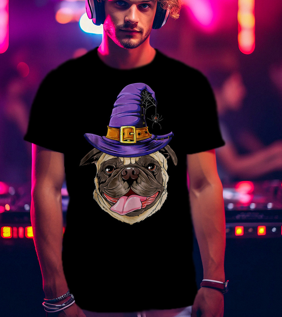 Pug With Witch Hat And Spider Halloween T-Shirt
