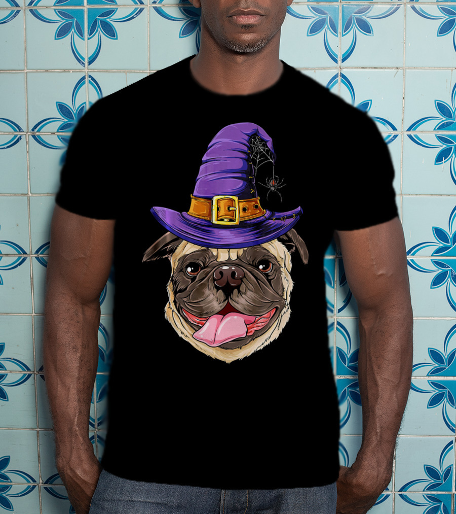 Pug With Witch Hat And Spider Halloween T-Shirt