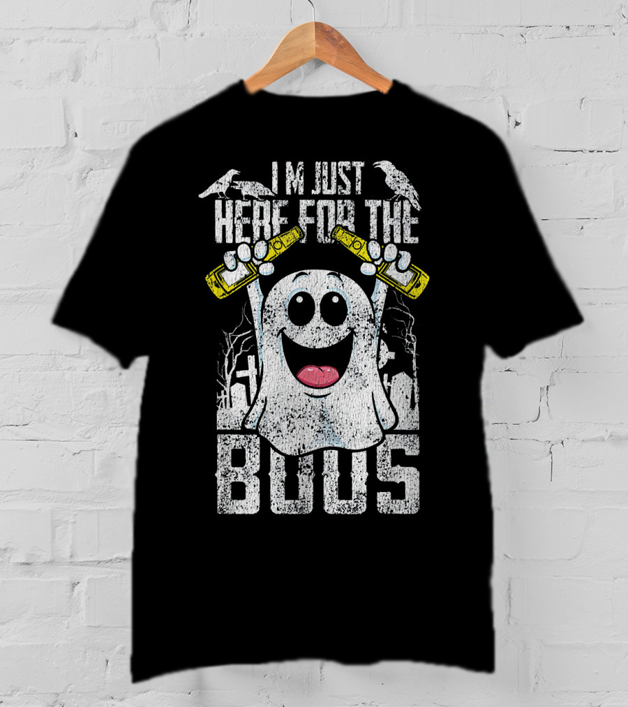 I Am Just Here For The Boos With Ghost Holding Bottles And Ravens Halloween T-Shirt