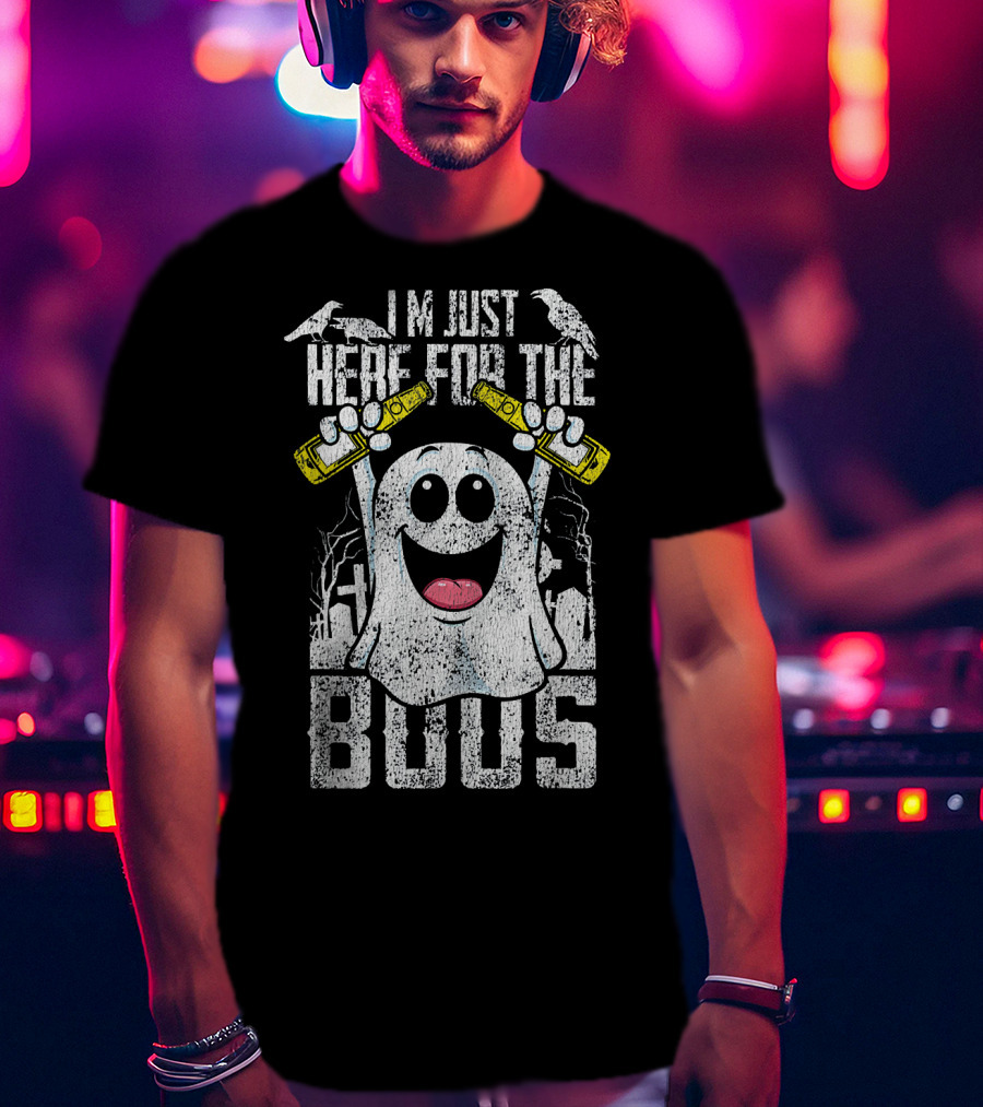 I Am Just Here For The Boos With Ghost Holding Bottles And Ravens Halloween T-Shirt