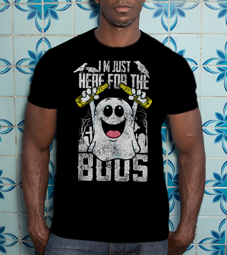 I Am Just Here For The Boos With Ghost Holding Bottles And Ravens Halloween T-Shirt